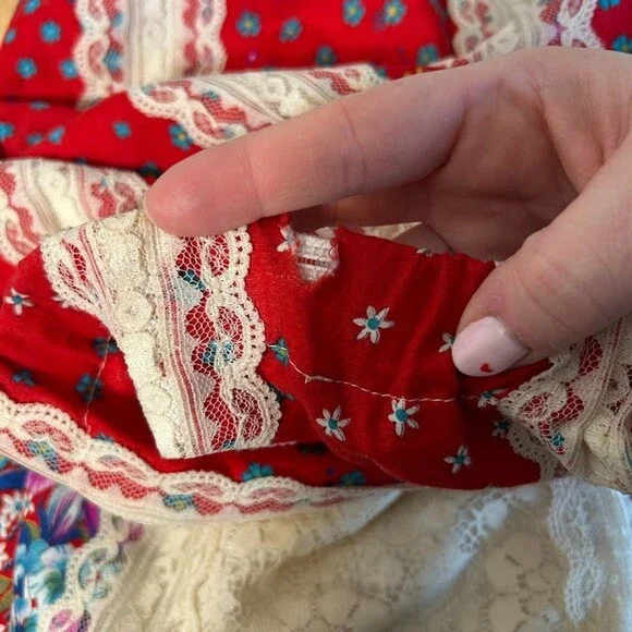 VTG 70s Tumbleweeds Maxi Skirt M/L Lace Red Floral Bohemian Cottagecore - Picture 8 of 9